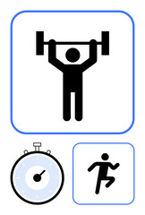 Weightlifter with barbell runner in motion and stopwatch. Ideal for fitness, strength training, endurance, gym routines, athletics, sports events, time management. Line metaphor