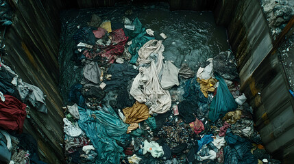 Fototapeta premium Piles of discarded clothing polluting rivers and landfills, depicting the environmental impact of fast fashion waste -