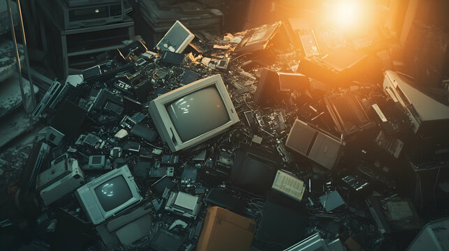 Pile of outdated electronics, symbolizing the impact of e-waste on modern technology and sustainability -