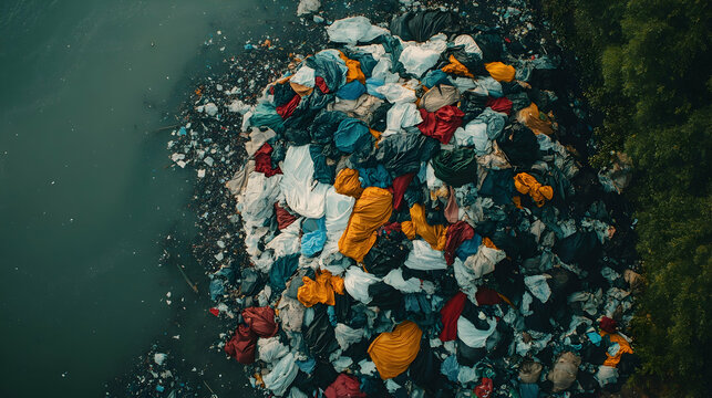 Piles of discarded clothing polluting rivers and landfills, depicting the environmental impact of fast fashion waste -