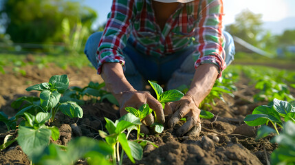 Naklejka premium Group of Farmers Planting Crops in Rural Farmland