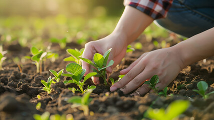 Fototapeta premium Farmers Planting New Seedlings in Fertile Farmland