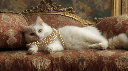 Regal white cat adorned with pearls, lounging on plush cushions in an aristocratic setting -