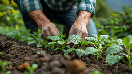 Cultivating New Life in Vibrant Farmland with Seedlings Planting