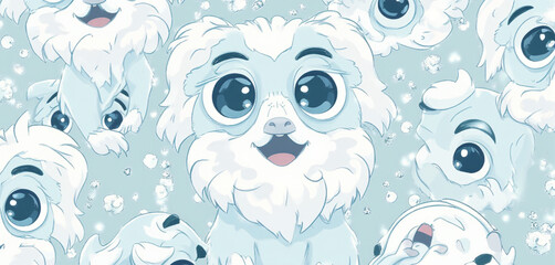 Seamless Pattern of Cartoon White Fluffy Dogs on a Blue Background