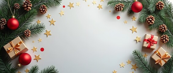 Christmas Holiday Frame with Red Ornaments, Pinecones, and Greenery on Beige Background