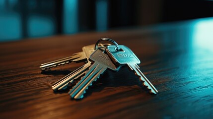 A close-up of keys on a wooden table, symbolizing security and new beginnings.