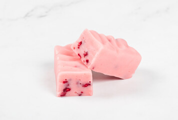 Raspberry nougat with pieces of freeze-dried raspberries