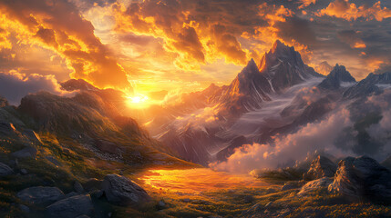 Fototapeta premium Majestic mountain sunset landscape with golden clouds and sun rays. Vibrant. Illustration