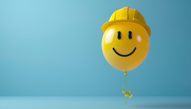 Celebration party balloon wearing a yellow construction hard hat. labor day background