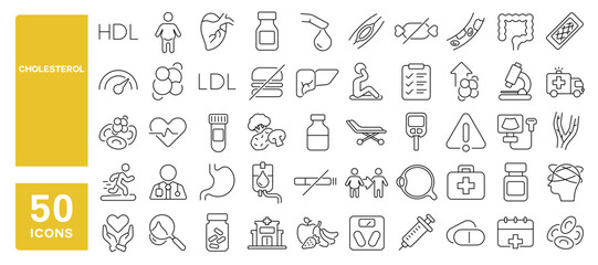 Set of 50 line icons related to cholesterol, good, bad, vessel, heart, blood, artery, liver, circulatory, Editable stroke. Vector illustration