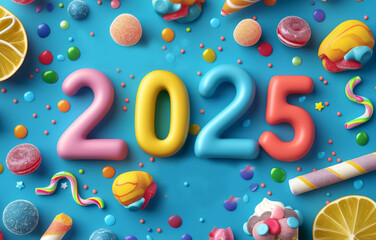 2025 candy lollipop numbers, 2025 sugar greeting card, sweet New Year design, candies banner