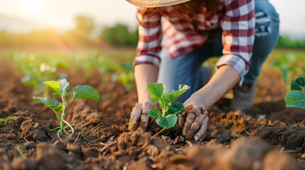 Fototapeta premium Young Farmer Nurturing Plants in Freshly Plowed Field