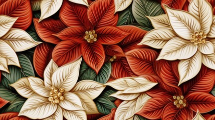 Intricate pattern of red and white poinsettias with green leaves