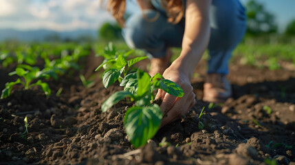 Farmer Planting Seedlings in Lush Farmland Landscape