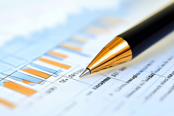 A close-up of a pen resting on a business chart with orange and blue bars