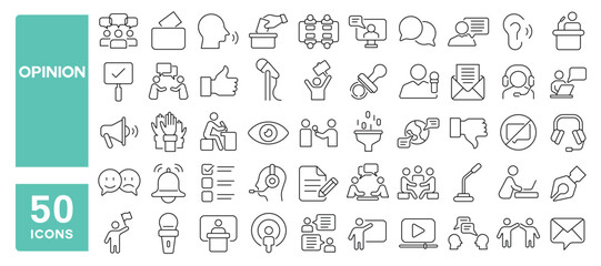 Set of 50 line icons related to opinion, feedback, vote, discussion, vision, valuation, survey, satisfaction, expression, Editable stroke. Vector illustration