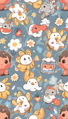 Seamless Pattern of Cartoon Animals Playing Outdoors with Toys