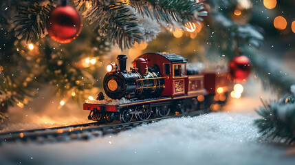 Toy locomotive under the Christmas tree, part of a festive holiday scene with New Year's decorations -