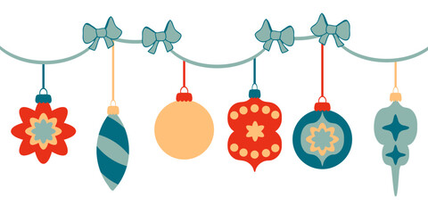 Simple flat Christmas garland with ornaments and bows. Perfect for tee, banner, flyer, label, postcard, sale. Retro style vector illustration.