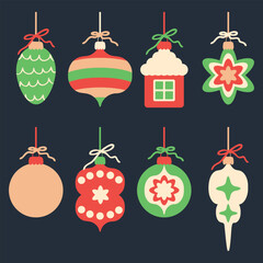 Retro style Merry Christmas ornaments clipart collection. Perfect for banner, flyer, label, postcard, sale, stickers. Retro style vector illustration.