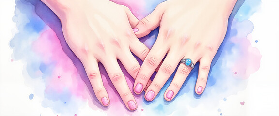 Hands of a couple with engagement ring on colorful abstract background copy space 