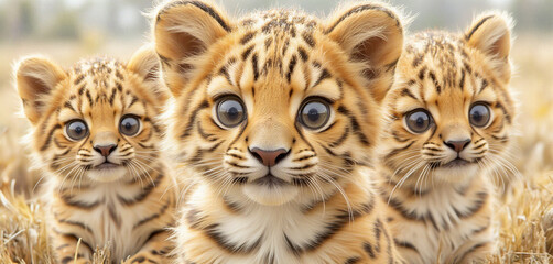 Obraz premium Group of Tiger Cubs Sitting Together in a Flowering Meadow