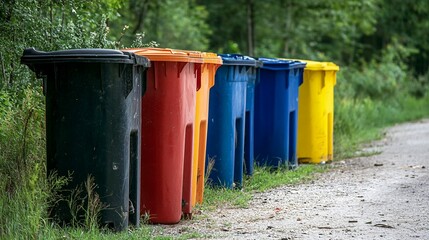 Row of Colorful Recycling Bins in a Rural Setting