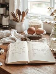 Open notebook with kitchen ingredients and utensils on a rustic table, ideal for recipe planning