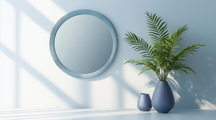 modern interior , round mirror with blue  frame . hanging on white  wall , plants in blue pot