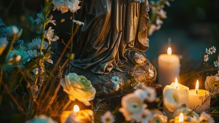 defocused Tranquil candlelit scene with flowers surrounding a serene statue at night,Saint Brigid's Day