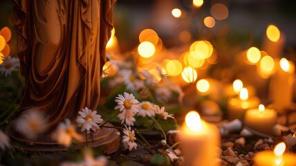 defocused Candlelit memorial with daisies and statue under golden bokeh lights,Saint Brigid's Day