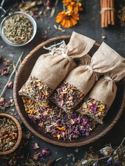 Burlap sachets filled with dried herbs and flowers, perfect for adding natural fragrance to any space