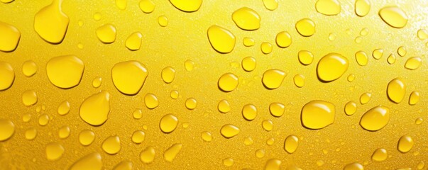 A bright yellow background textured with realistic water drops shimmering under light.