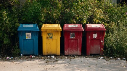 Four Colorful Recycling Bins Lined Up Against Green Bushes