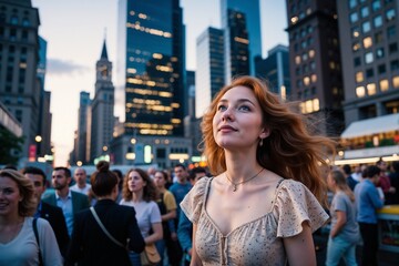 Fototapeta premium Young Woman Gazing Up at Skyscrapers in Bustling Urban Environment at Sunset