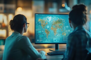 Team analyzing global data trends using an interactive map on computer during a strategy meeting