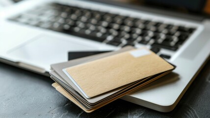 Stack of credit cards on laptop keyboard highlighting online shopping concept