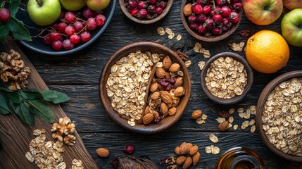Healthy breakfast with oats, nuts, and fresh fruits