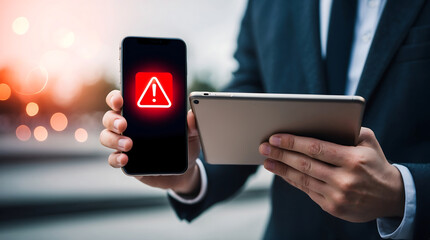 Close up of male hands using cellphone and tablet with glowing red attention sign on blurry outdoor background. Important notice and alert concept.