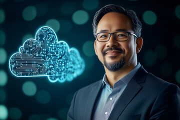 A knowledgeable expert poses with a cloud graphic, representing advancements in cloud computing and technology