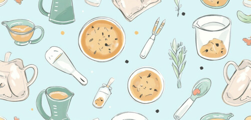 Seamless Pattern of Baking Items and Tableware on a Pastel Blue Background