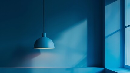 Minimalist interior with blue pendant lamp and shadow play