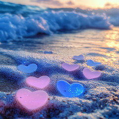 Fototapeta premium Light blue hearts flowing down pink river photos