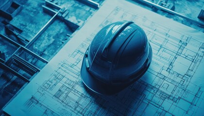 A construction site blueprint spread out with a protective helmet on top, set against a backdrop of blue tones