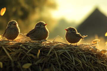 Obraz premium Three small birds are sitting on a hay bale. The birds are brown and appear to be looking at the camera. The hay bale is covered in dry grass and the birds seem to be enjoying their time on the hay