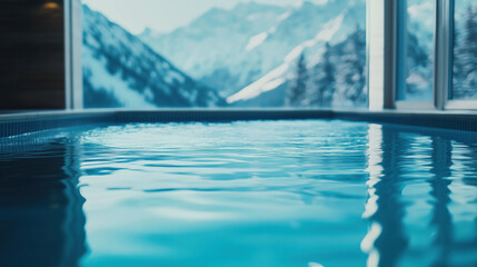 Fototapeta premium Spa area with a swimming pool in the center in a luxury mountain hotel