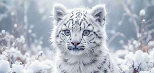 Fototapeta premium Seamless Pattern of Snow Leopard Cubs Playing in Snowy Background