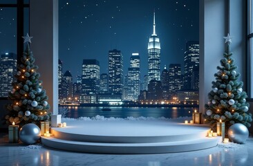 Christmas podium for product showcase with Christmas trees next to a big city with skyscrapers in the evening