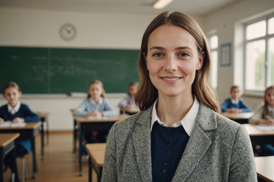 Close portrait of a smiling young Polish female elegant primary school teacher standing and looking at the camera, indoors almost empty classroom blurred background